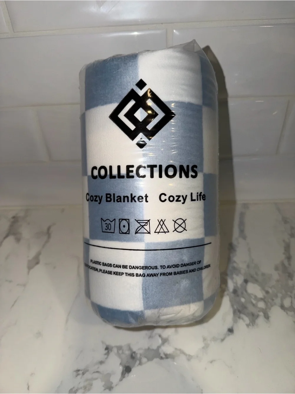 Collections Light Blue & White Check Plush Throw Blanket